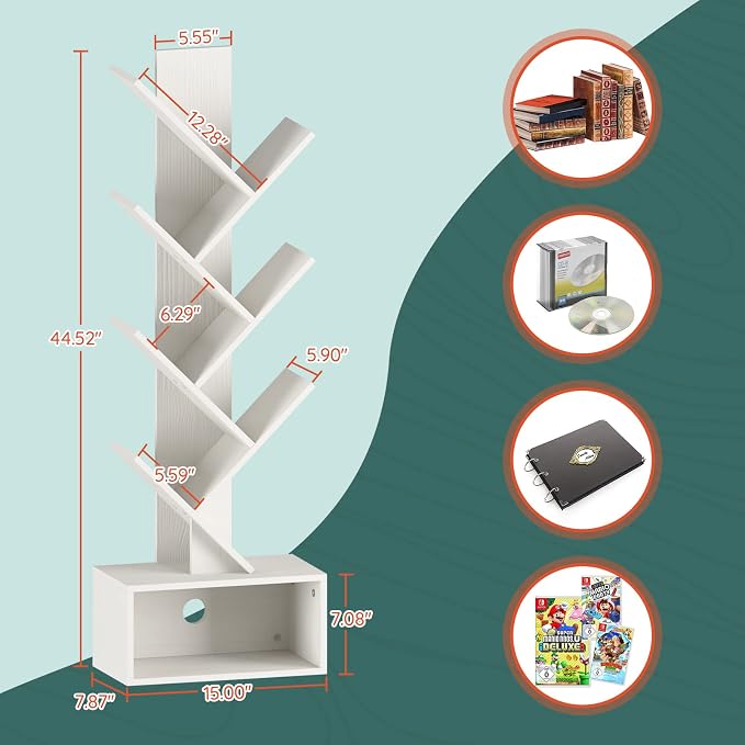 Yoobure Tree Bookshelf, 6 Tier Small Book Shelf Retro Floor Standing Bookcase - Image 3