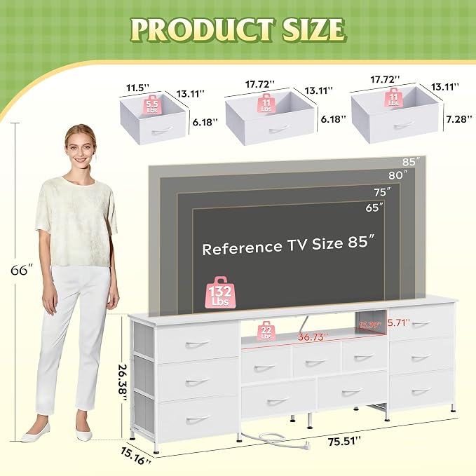 WLIVE 75.5" TV Stand for 65, 85 Inch TV, Dresser for Bedroom - Image 2