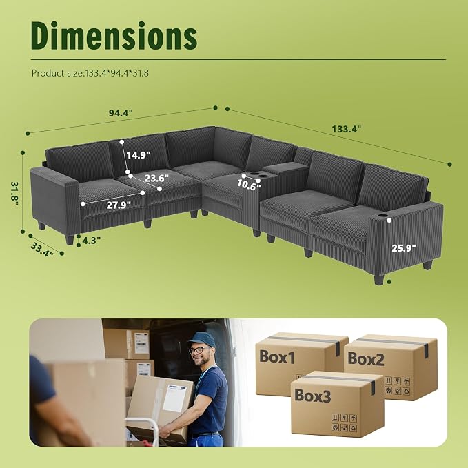 KEIKI 133" L-Shaped Oversized Corduroy Modular Sectional Sofa - Image 2