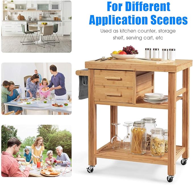 Giantex Kitchen Island, Bamboo Island Cart, Kitchen Trolley Cart on Wheels - Image 6