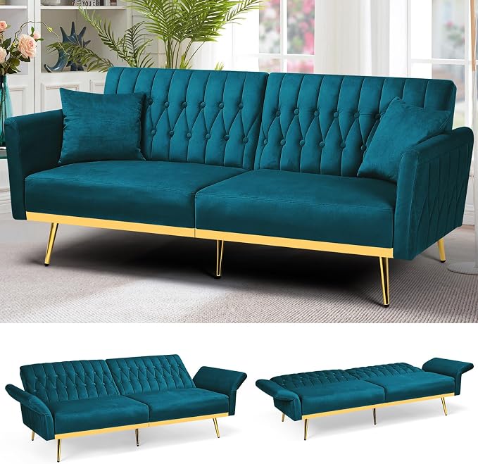 70” Velvet Futon Sofa Bed w/Adjustable Armrests and Backrest, Convertible Futon by ACMEASE