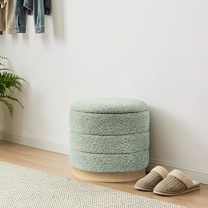 Round Storage Ottoman with Reversible Tray Lid, Folding Chenille Fabric - Image 8
