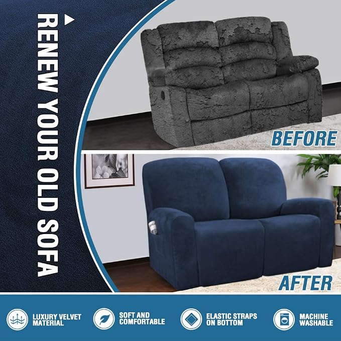 H.VERSAILTEX Velvet Stretch Recliner Couch Covers 6-Pieces Recliner Loveseat - Image 5