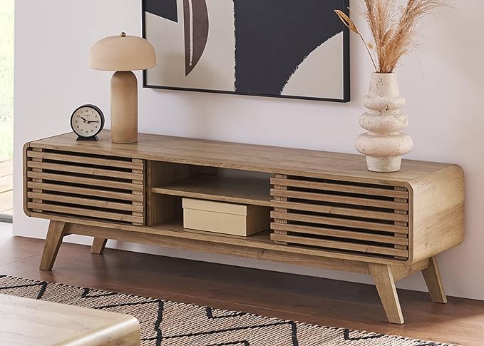 mopio Ensley 59" TV Stand with Slatted Door, Mid Century Modern Entertainment by MopioInc