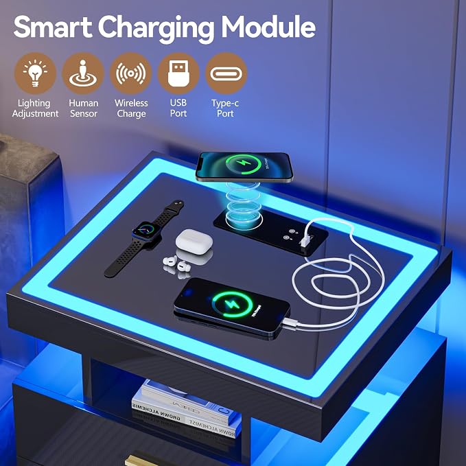 Black Night Stand with Wireless Charging Station, Smart Bedside Table with 3 - Image 3