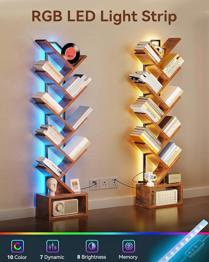 Casaottima Tree Bookshelf with LED Lights, 8-Tier Narrow Bookcase - Image 5