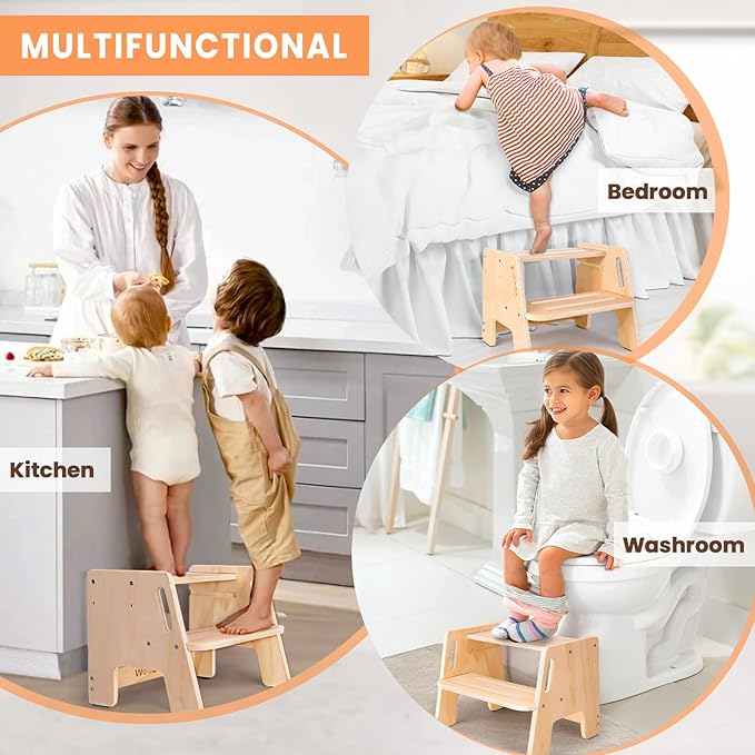 2 Pack Toddler Step Stool, Wooden Height-Adjustable 2-Step Stool - Image 6