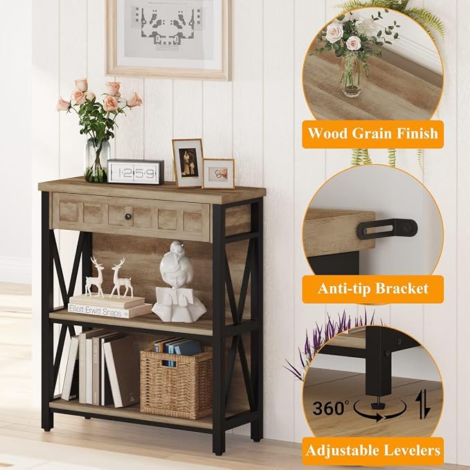 FATORRI Rustic Bookshelf with Drawer, Industrial Wood and Metal Bookcase - Image 4