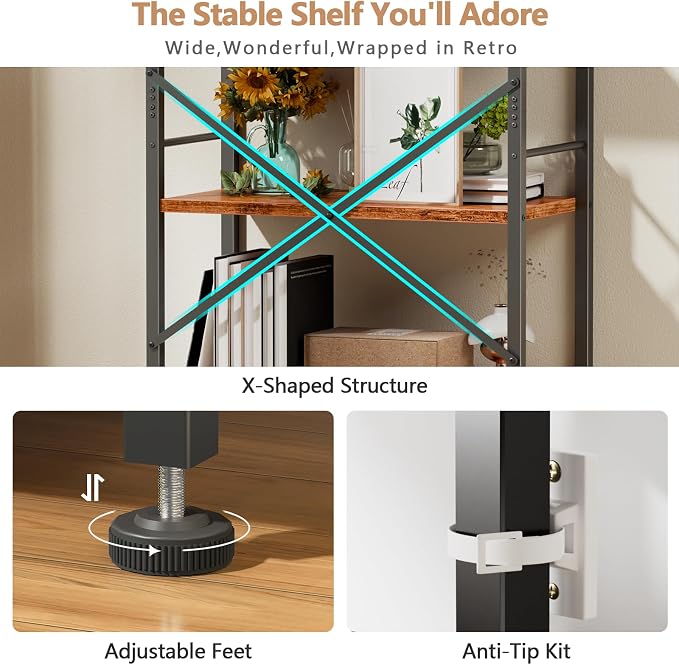 Furologee 5 Tier Book Shelf Set of 2, Tall Wide Bookshelf, Industrial Open - Image 4