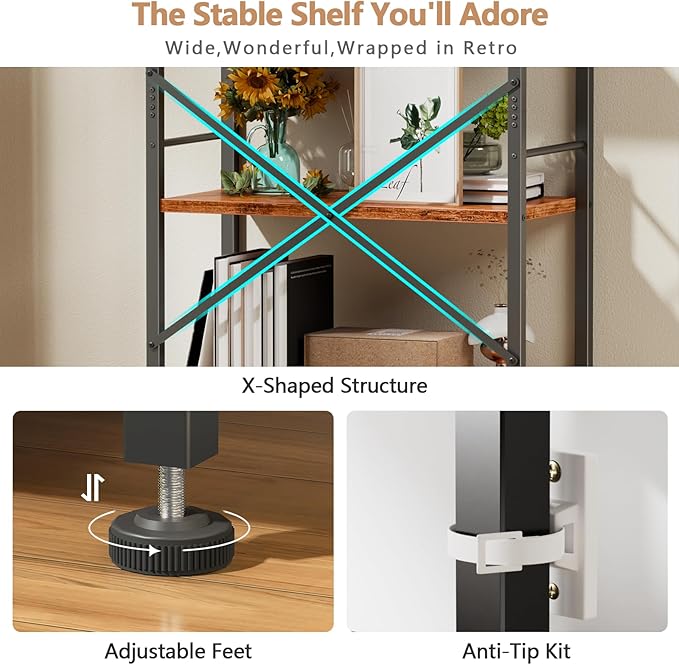 Furologee 6 Tier Book Shelf, Tall Wide Bookshelf, Industrial Open Bookcase - Image 4