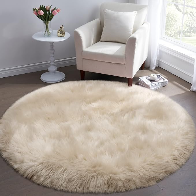 Fluffy Round Rug for Kids Room Beige Circle Faux Fur Area Rug for Bedroom - Image 2