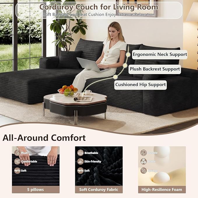 107.5" Cloud Sectional Couch L-Shaped Chaise, Comfy Corduroy Boneless Couch - Image 4
