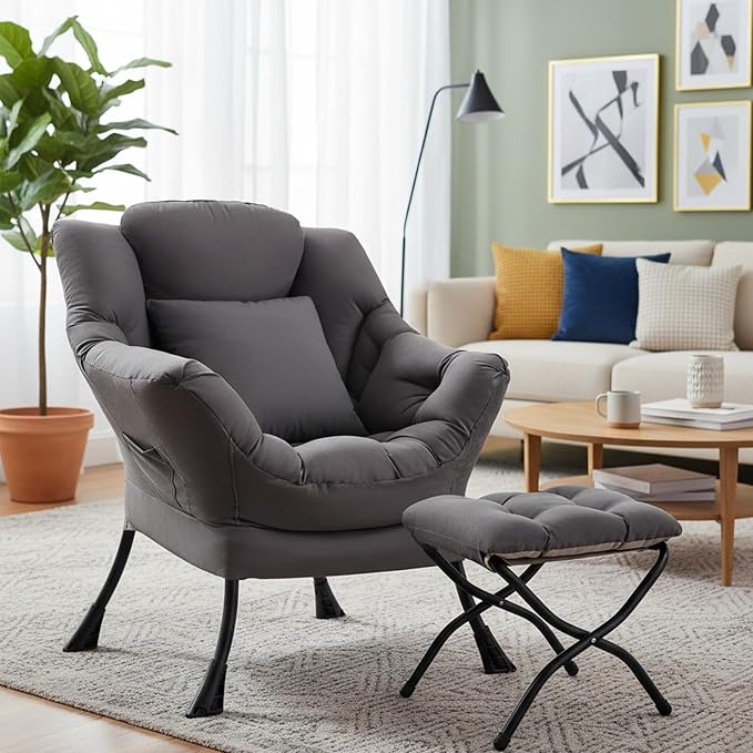 Lazy Chair with Ottoman, Large Accent Chair with Ottoman and a Throw Pillow by HomeEastllyHome