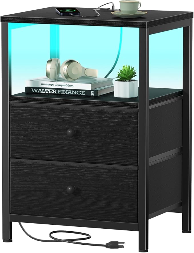 BOLUO Black Nightstand with Charging Station, LED Night Stand with 2 Fabric by BOLUO