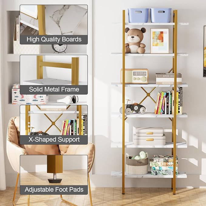 6 Tiers Bookshelf Organizer White Faux Marble Shelf, Modern Open Display - Image 5
