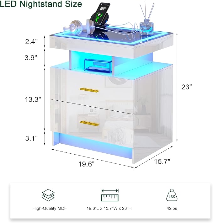 HNEBC LED Nightstand with Charging Station High Gloss Bedside Table with 2 - Image 2