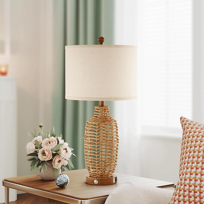 Rattan Table Lamps Set of 2 Wicker Lamps 3 Way Dimmable Touch Control Farmhouse - Image 4