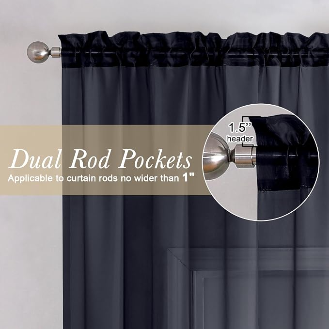 Lecloud Black Sheer Curtain Panels 72 Inch Length, Light Filtering Window - Image 3
