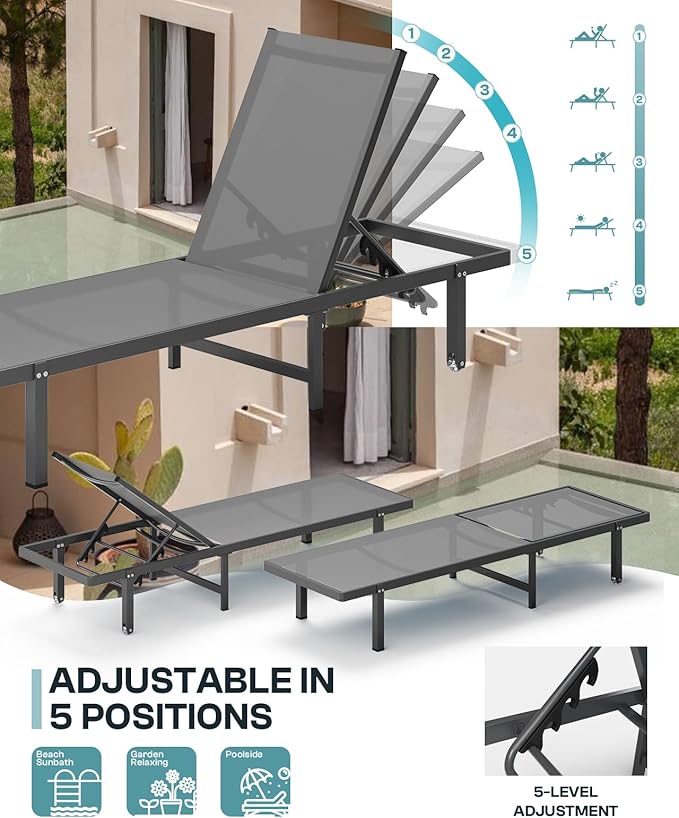 Aluminum Outdoor Lounge Chairs Set of 2, Pool Lounge Chairs - Image 5