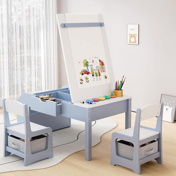 5-in-1 Kids Art Table and Chairs, Wood Toddler Table and Chair Set - Image 2