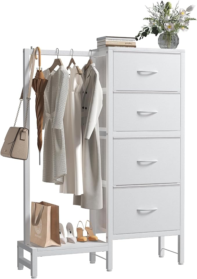 DUMOS Dresser with Hanging Rack, 4-in-1 White Fabric Dresser by DumosLifestyle