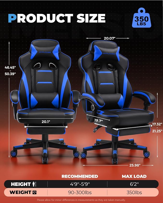 GTPLAYER Gaming Chair with Footrest, Big and Tall Game Chair 350lb Racing Style - Image 3