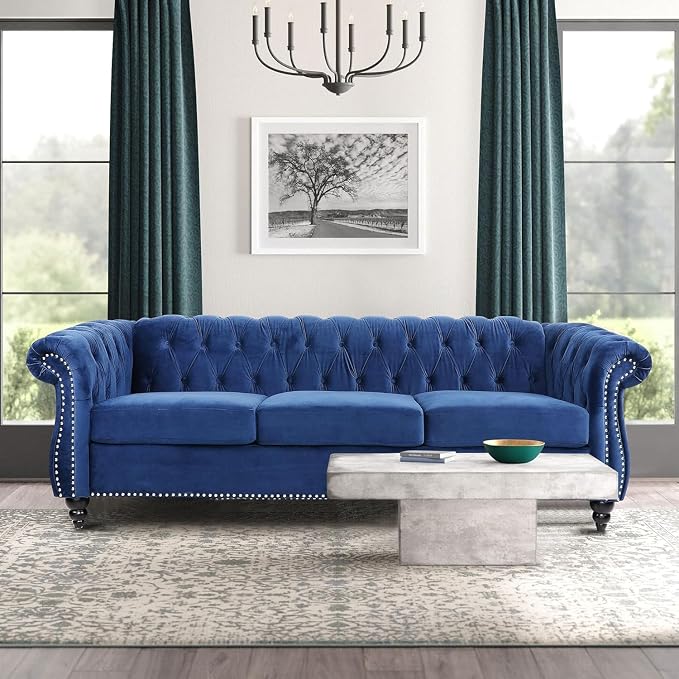 AVZEAR 3 seat Sofa, Velvet Living Room Large Sofa Modern Chesterfield Fabric - Image 5