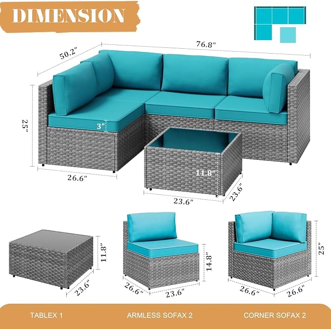 JAMFLY 5-Piece Patio Furniture Set, All-Weather Wicker Outdoor Sectional Sofa - Image 2