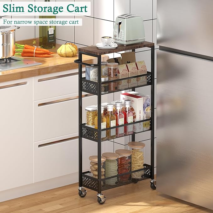 XYZLVSI Slim Storage Cart 4 Tier Narrow Kitchen Rolling Cart on Wheels - Image 2