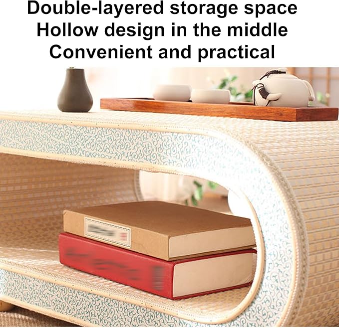 Japanese Floor Table, Curved Wooden Woven Tatami Table, Double Layer Storage - Image 5
