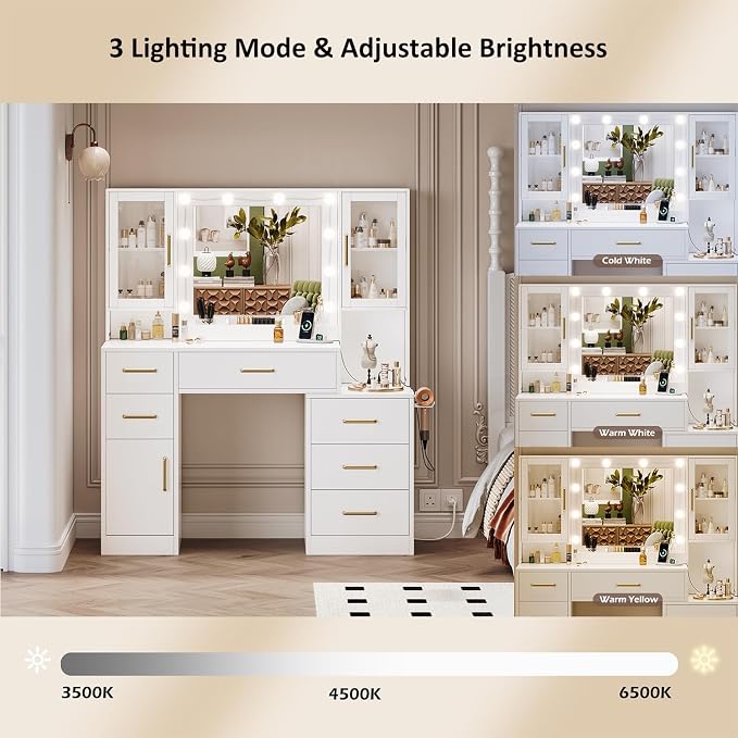 TOKSOM 51" Vanity Desk with Mirror and Lights & Charging Station, Bedroom - Image 4