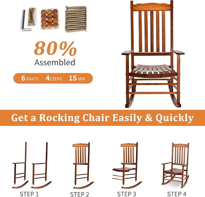 Outvita Outdoor Rocking Chair, Solid Wood High Back Rocker, All Weather Lounge - Image 8