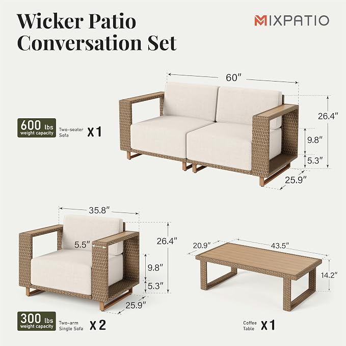 MIXPATIO Patio Furniture Set, 4 Piece Outdoor Wicker Sofa Couch, Deep Seating - Image 6