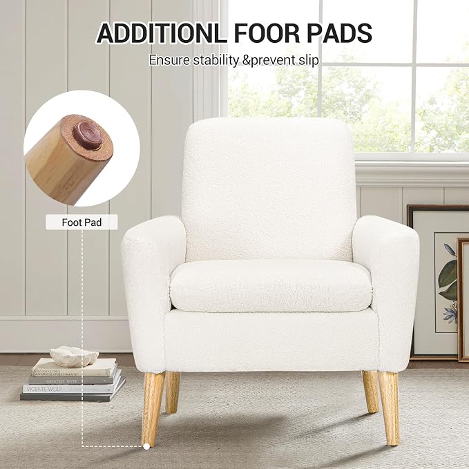 Sherpa Accent Chair, Modern White Teddy Fabric Upholstered Comfortable Armchair - Image 5