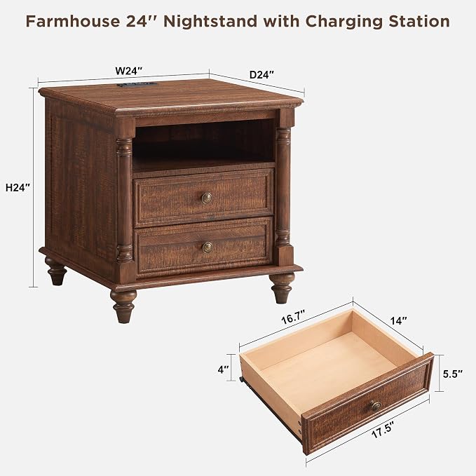 T4TREAM 24'' Farmhouse End Table w/4 Solid Wood Feet, Large 2 Drawers Wide Sofa - Image 6