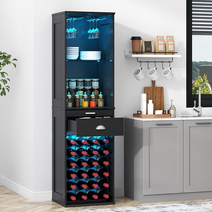 Loomie Wine Bar Cabinet with LED Lights, Freestanding Liquor Cabinet with Tray - Image 7