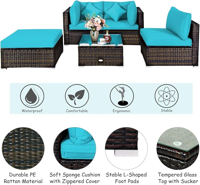 Tangkula 5 Pieces Patio Rattan Furniture Set, Outdoor Sectional Rattan Sofa Set - Image 6