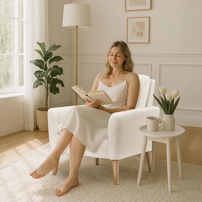 Sherpa Accent Chair, Modern White Teddy Fabric Upholstered Comfortable Armchair - Image 3