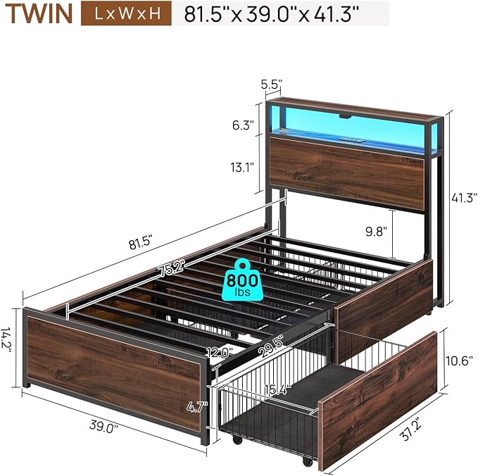 Rolanstar Twin Bed Frame with 4 Storage Drawers, Charging Station and LED Lights - Image 2