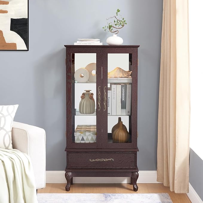Curio Cabinet with Lighted, Tall Leg Glass Door Antique Cabinet with 1 Drawer - Image 3