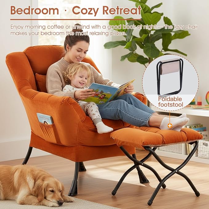 Tangerine Lazy Chair with Ottoman, Large Velvet Accent Chair with a Throw Pillow - Image 6
