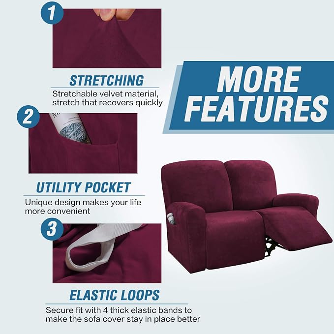 H.VERSAILTEX Velvet Stretch Recliner Couch Covers 6-Pieces Recliner Loveseat - Image 4