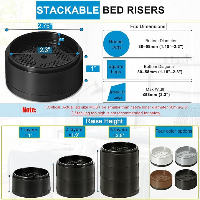Bed Risers 1 inch, 2 inch, 3 inch, 4 inch Heavy Duty, Adjustable Furniture Riser - Image 2