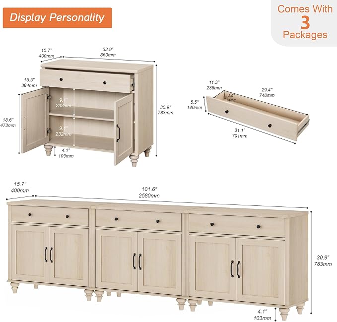 WAMAPT Buffet Cabinet with 6 Doors and 3 Drawers, Large Coffee Bar Table Wood - Image 2