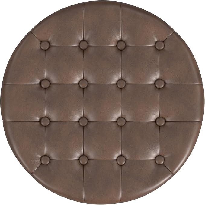 Homepop Home Decor | Upholstered Round Faux Leather Tufted Foot Rest Ottoman | - Image 6