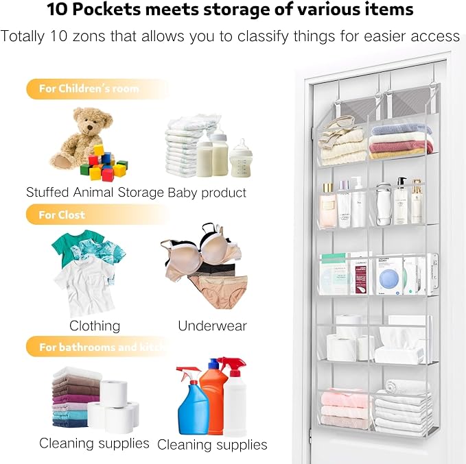 Over the Door Organizer 5 Tiers, Extra Large Behind Door Storage of 10 - Image 6