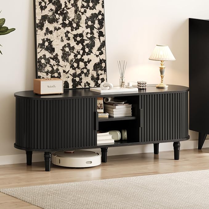 TV Console with Power Outlet-55" Entertainment Center with Sliding Tambour Door - Image 8