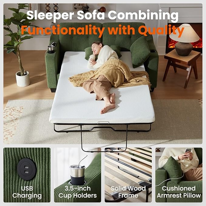 Full Size Pull Out Sleeper Sofa Bed, 2-in-1 Convertible Corduroy Pull Out Couch - Image 6