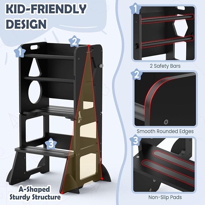 Woodure 4 in-1 Toddler Kitchen Step Stool, Foldable Learning Standing Tower - Image 2
