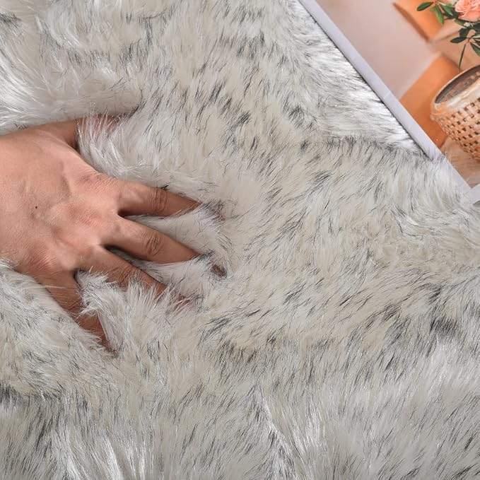 ORINOVA 5x7 Area Rug White and Gray Washable Shaggy Faux Sheepskin Fur Rug - Image 4